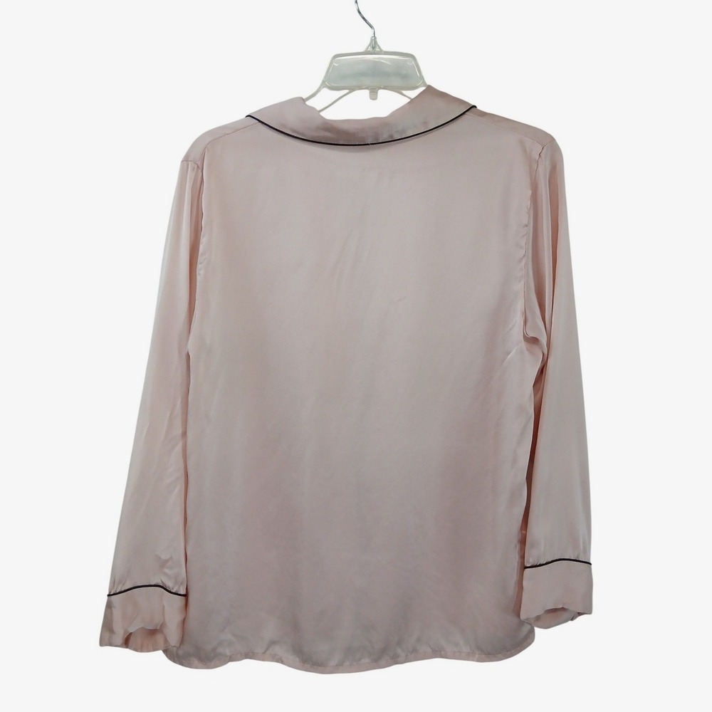 SilkSilky Pink 100% Silk Pajama Top Long Sleeve Button Down Contrast Piping M - Picture 4 of 7